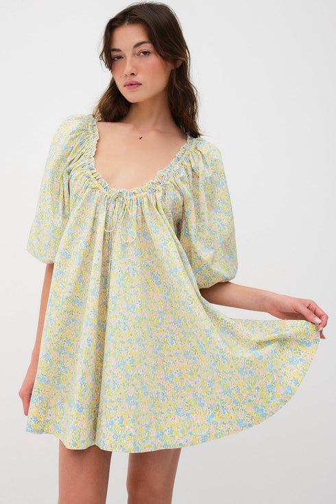 Charming Floral Print Frilled Half Sleeve U Neck A-Line Dress